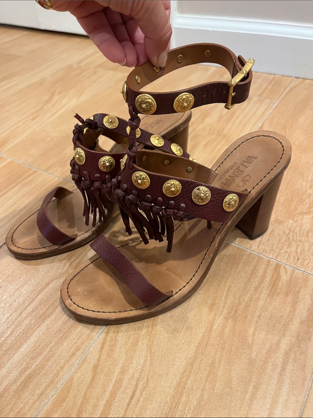 VALENTINO Brown Leather Fringe Heel Sandals with Gold Medallion Studs